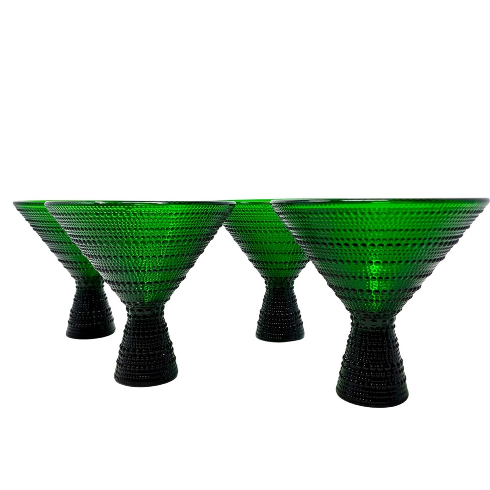 SET OF 4 VINTAGE-STYLE EMERALD GREEN  BEADED HOBNAIL FOOTED MARTINI GLASSES
